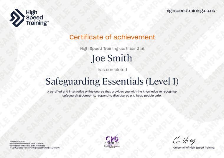 Sample Safeguarding Essentials (Level 1) Certificate